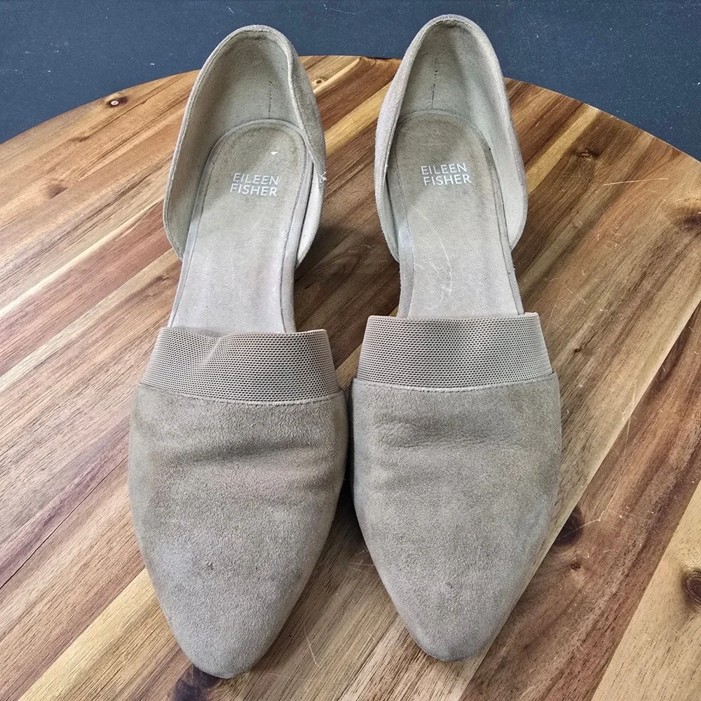 Eileen Fisher Wedge Pumps Womens 8.5 Taupe Suede dOrsay Elastic Strap Minimalist